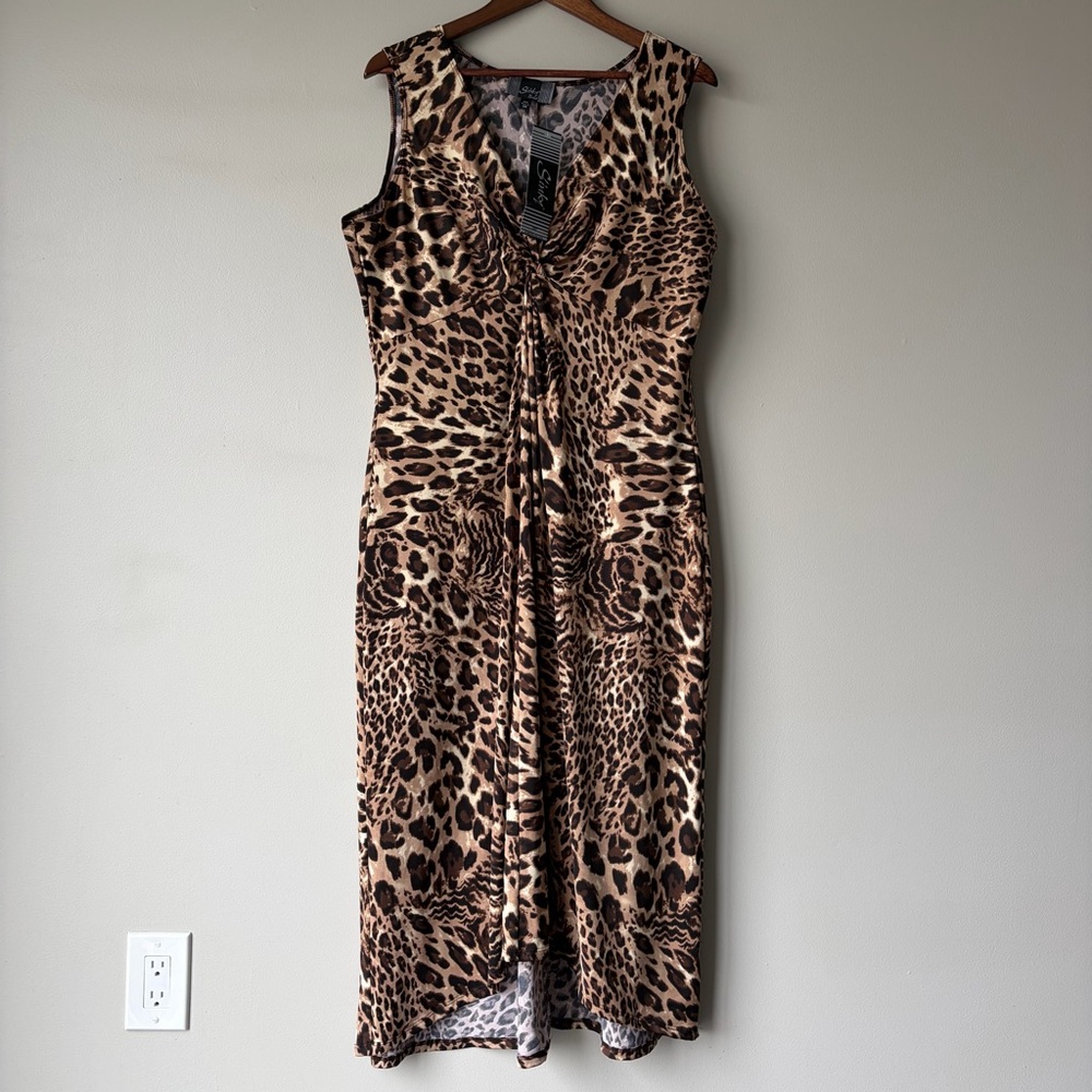 Slinky Brand Knit NEW Leopard Print Twist-Front Midi Dress Brown Tan Women’s 1X